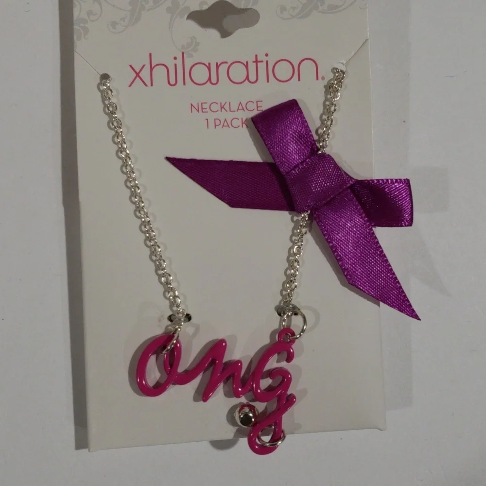Pink OMG Crystal Necklace w/ Purple Ribbon Accent - Xhilaration Fashion Jewelry